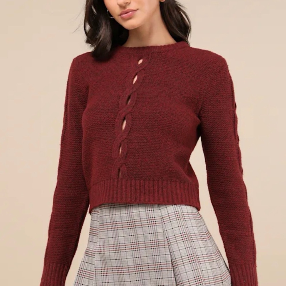 Cutout for Winter Burgundy Marled Cable Knit Cutout Sweater